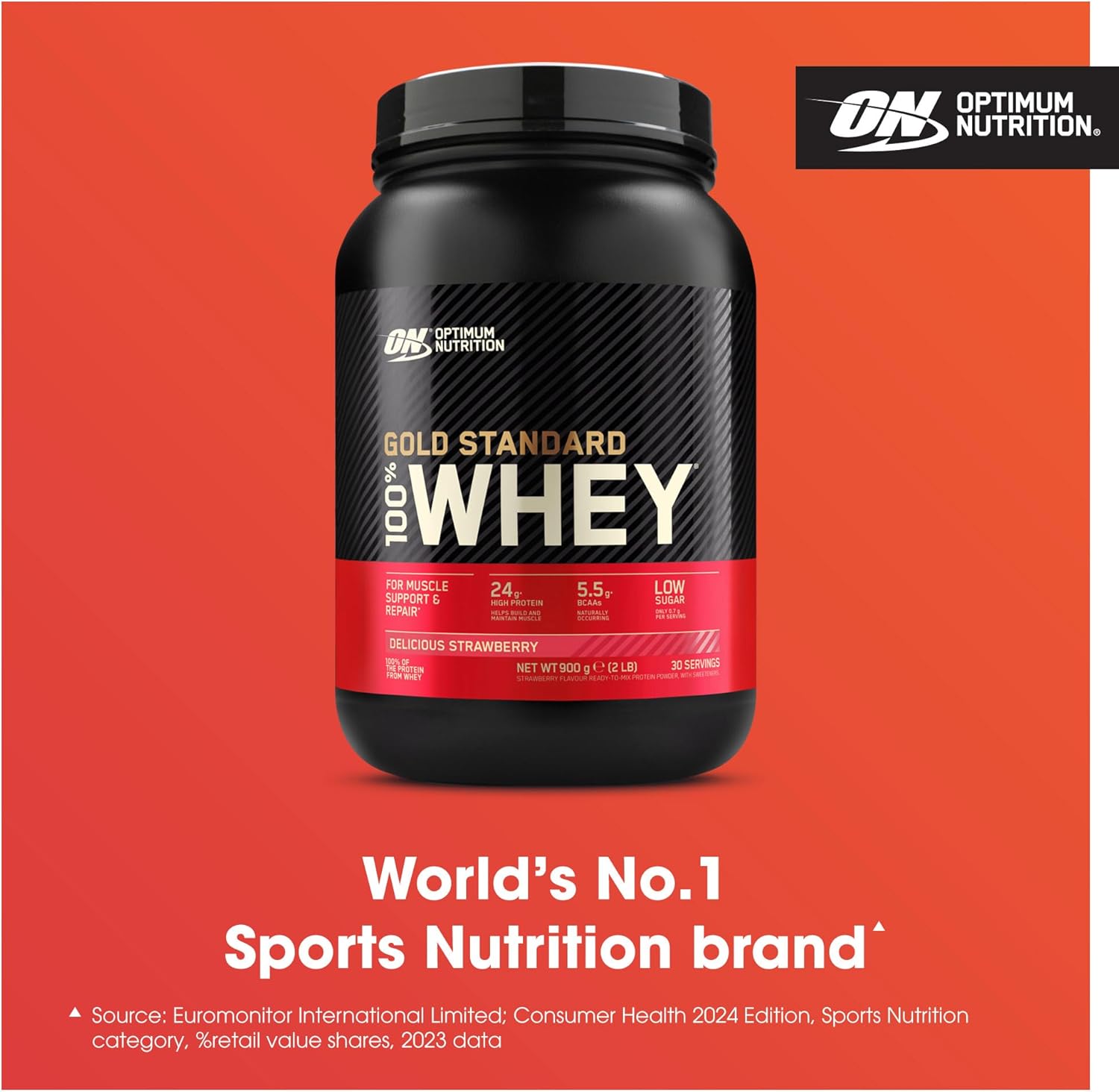 Optimum Nutrition Gold Standard, Delicious Strawberry Flavour, 30 Servings, 900 g