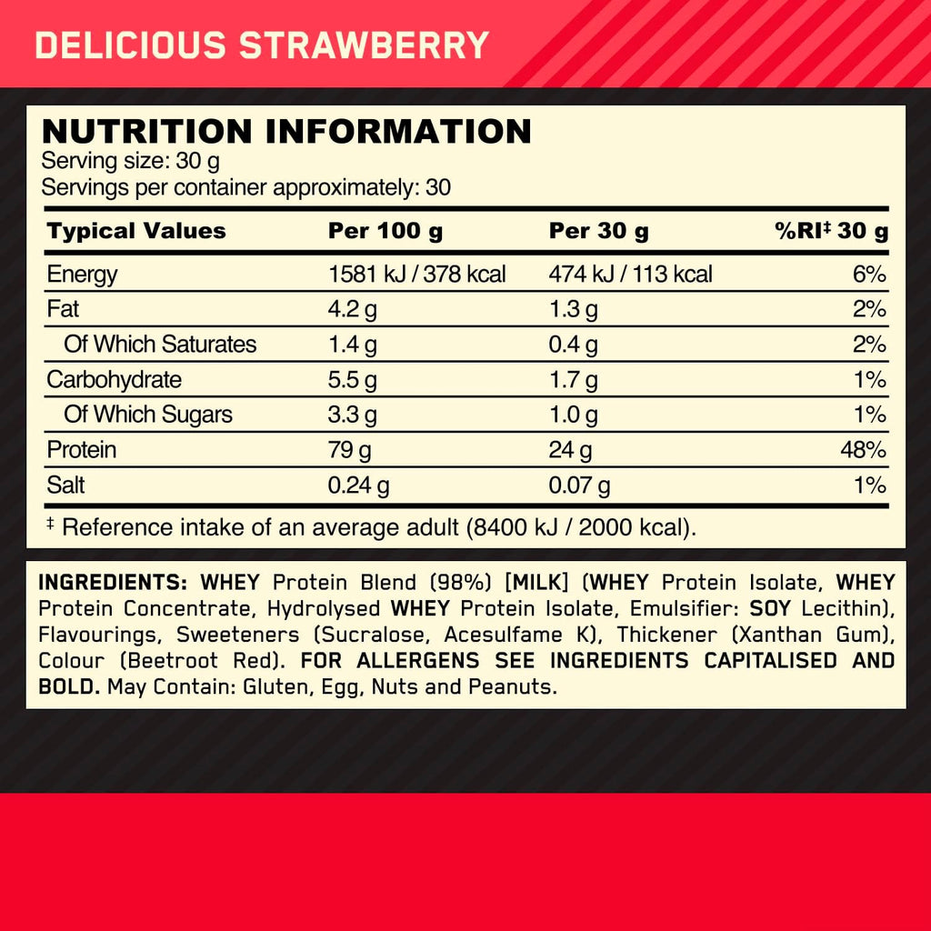 Optimum Nutrition Gold Standard, Delicious Strawberry Flavour, 30 Servings, 900 g