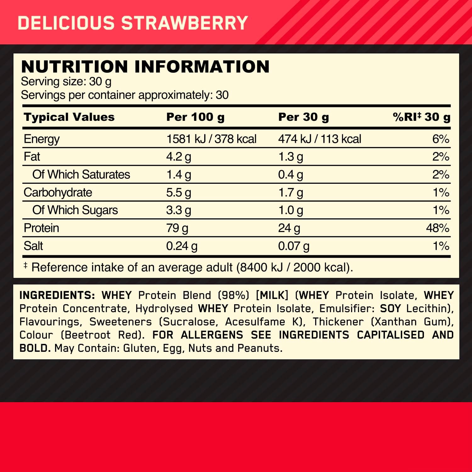 Optimum Nutrition Gold Standard, Delicious Strawberry Flavour, 30 Servings, 900 g